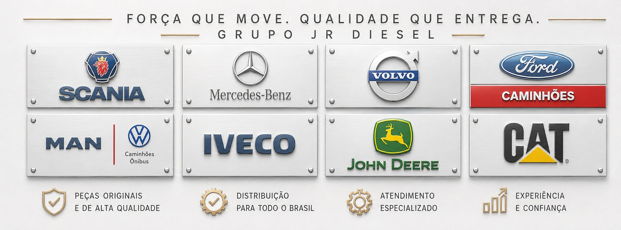 Marcas atendidas: Scania, Mercedes-Benz, Volvo, Ford, MAN, VW, Iveco, John Deere, CAT - Grupo JR Diesel